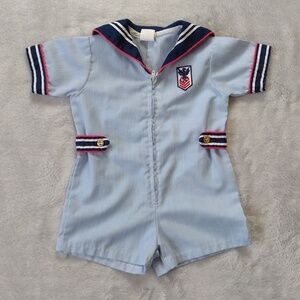 Vintage Blue and White Striped Toddler Sailor Suit Romper Size 2T